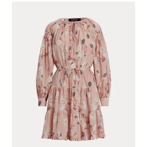 Lauren Ralph Lauren Floral Voile Tiered Tie-Neck Dress Pink 8 Tear Near Neck